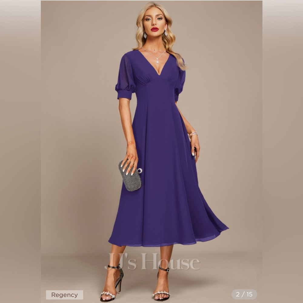JJ’s House - A-line V-Neck Tea-Length Chiffon Cocktail Dress With Pleated